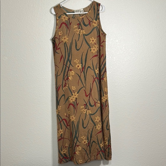 Vintage Silk Floral Sleeveless Dress - Tan - Picture 1 of 5
